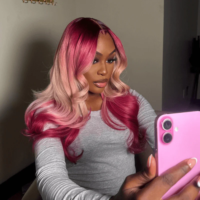SZC Ombre Dark Red Peach Pink With Dark Roots Body Wave Human Hair Wig - Image 3