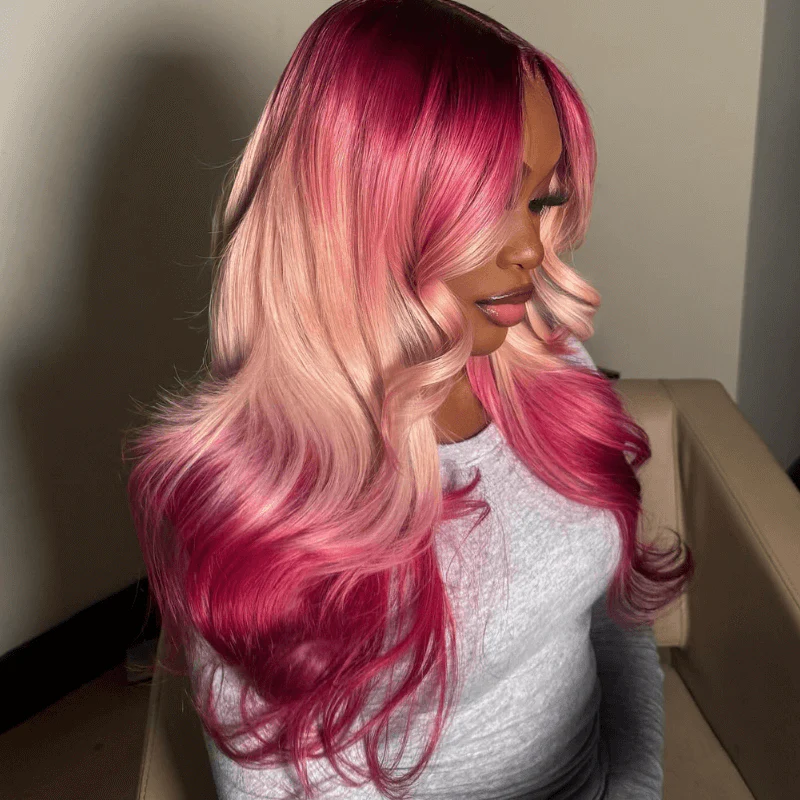 SZC Ombre Dark Red Peach Pink With Dark Roots Body Wave Human Hair Wig - Image 5