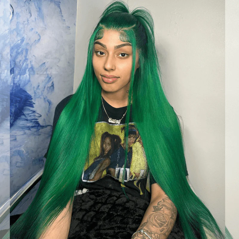 SZC Emerald Green Color 13x4 Lace Frontal Virgin Straight Human Hair Wig - Image 3