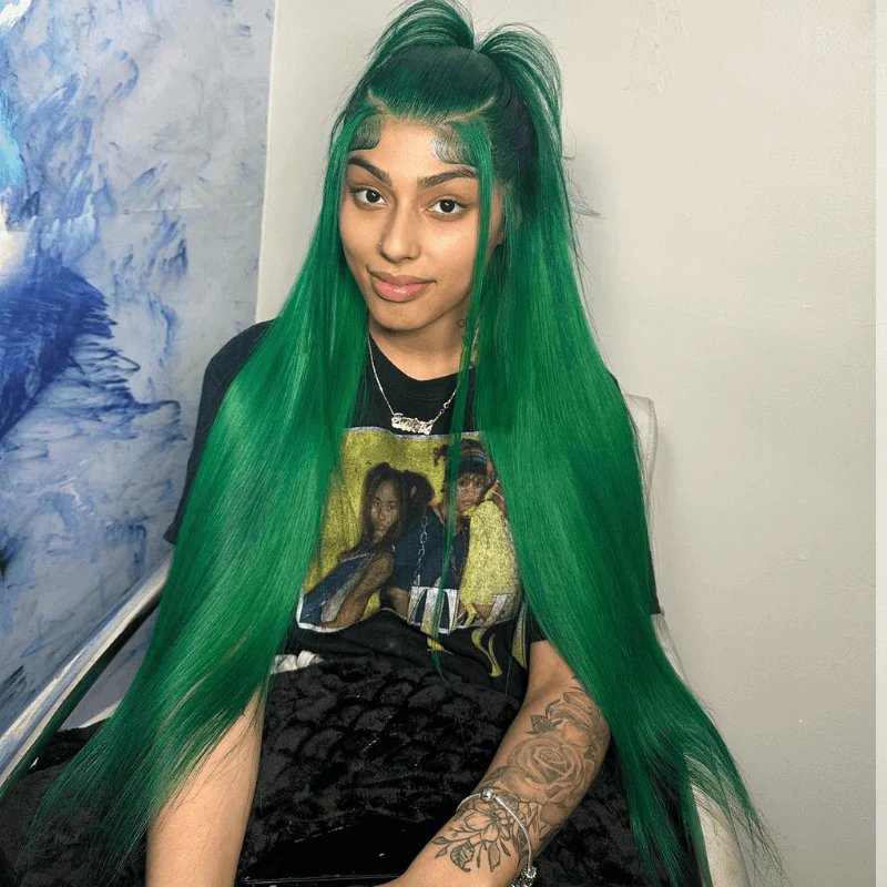 SZC Emerald Green Color 13x4 Lace Frontal Virgin Straight Human Hair Wig - Image 4