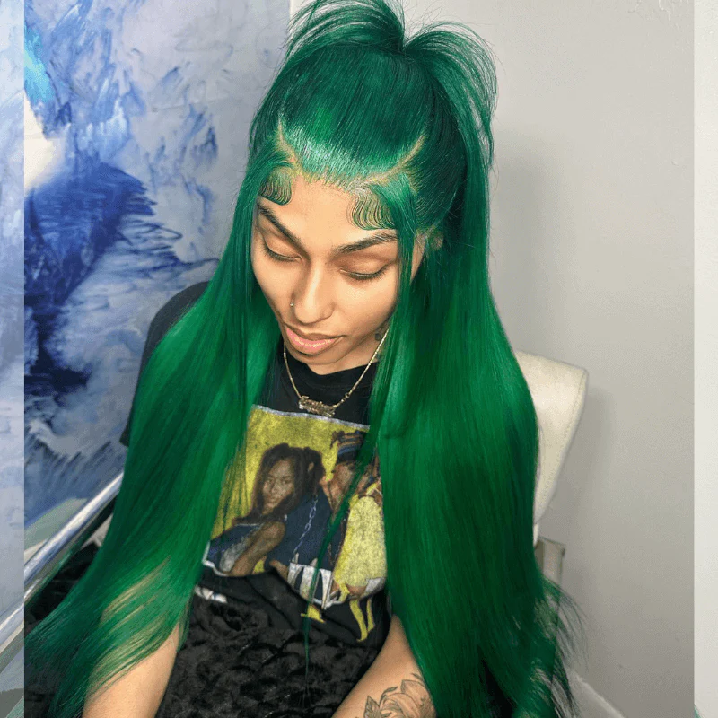 SZC Emerald Green Color 13x4 Lace Frontal Virgin Straight Human Hair Wig - Image 5