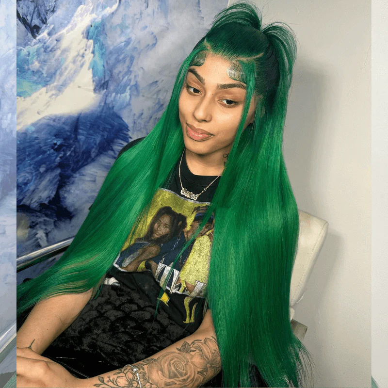 SZC Emerald Green Color 13x4 Lace Frontal Virgin Straight Human Hair Wig - Image 6