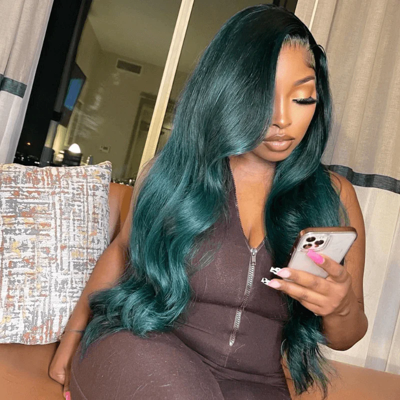 SZC Emerald Green Wig Bone Straight Lace Front Virgin Human Hair Wigs - Image 3