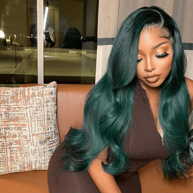 SZC Emerald Green Wig Bone Straight Lace Front Virgin Human Hair Wigs - Image 4