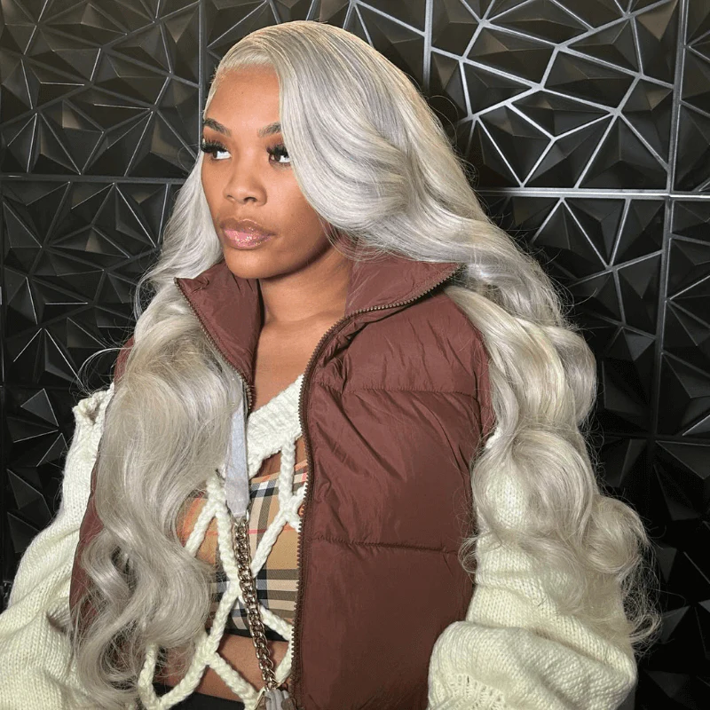 SZC Gray Color 200 Density 13x4 Lace Front Body Wave Virgin Human Hair Wig - Image 3