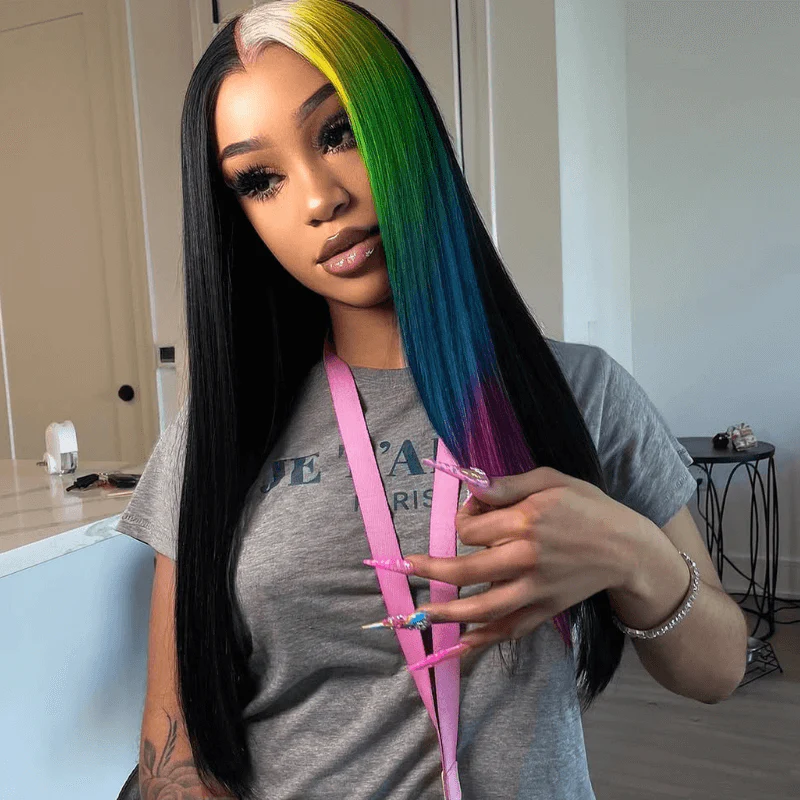 SZC Half Black Half Ombre Blonde Yellow Green Blue Red Remy Human Hair Wig - Image 4