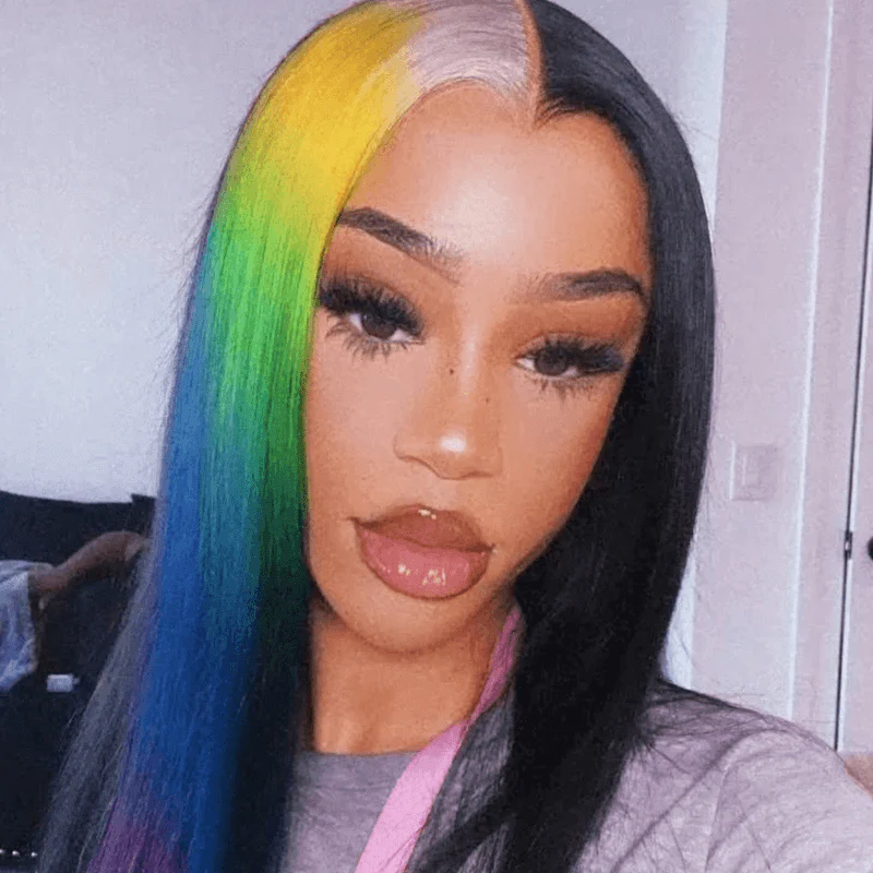 SZC Half Black Half Ombre Blonde Yellow Green Blue Red Remy Human Hair Wig - Image 5