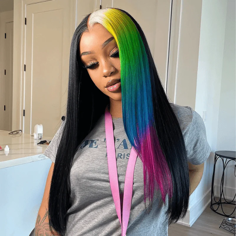SZC Half Black Half Ombre Blonde Yellow Green Blue Red Remy Human Hair Wig - Image 6