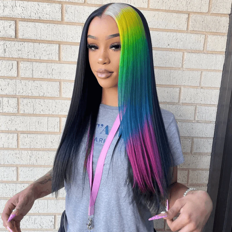 SZC Half Black Half Ombre Blonde Yellow Green Blue Red Remy Human Hair Wig - Image 7