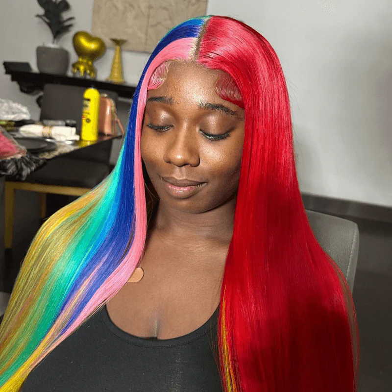 SZC Half Red Half Pink Blue Green Yellow 13x4 Lace Front Human Hair Wig - Image 3