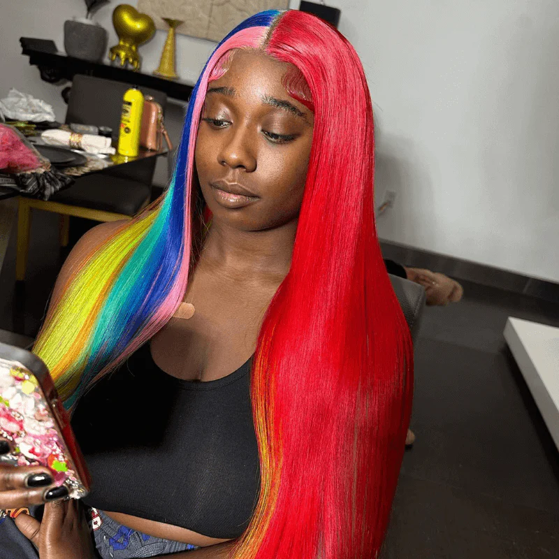 SZC Half Red Half Pink Blue Green Yellow 13x4 Lace Front Human Hair Wig - Image 4