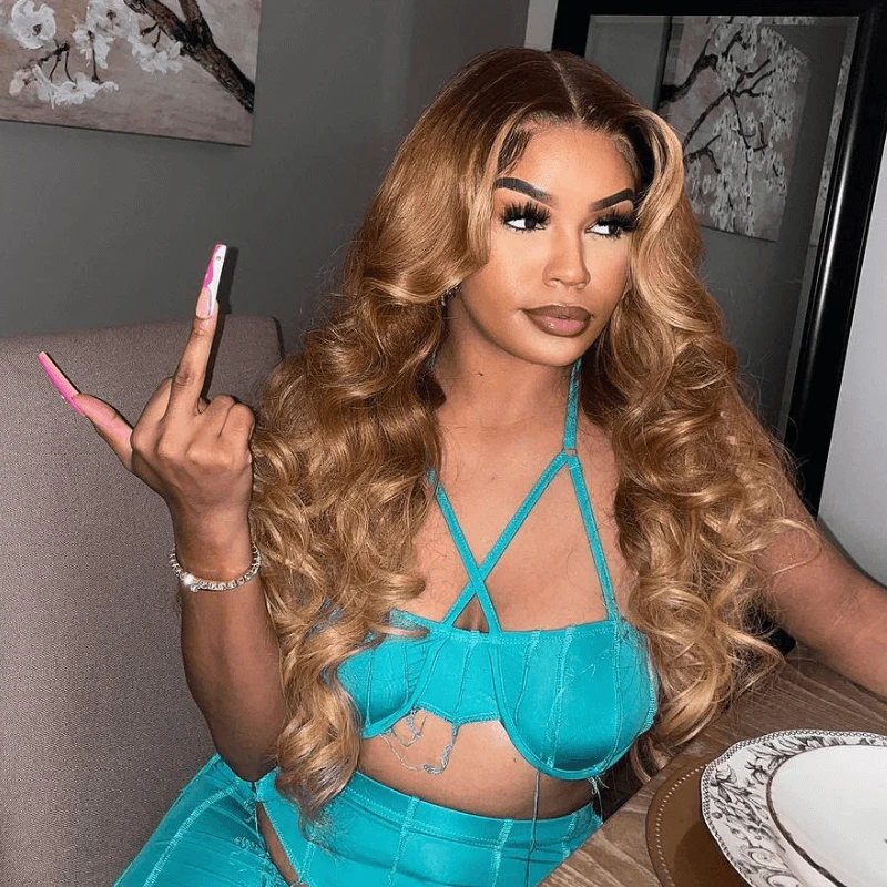 SZC Honey Blonde Brown With Dark Roots Body Wave Lace Front Human Hair Wig - Image 4