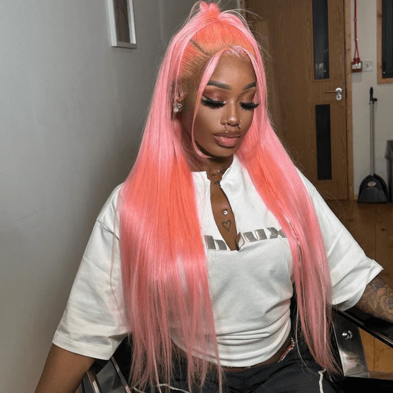 SZC Neon Pink 200 Density 13x4 Lace Front Straight Weave Hair Wigs - Image 3