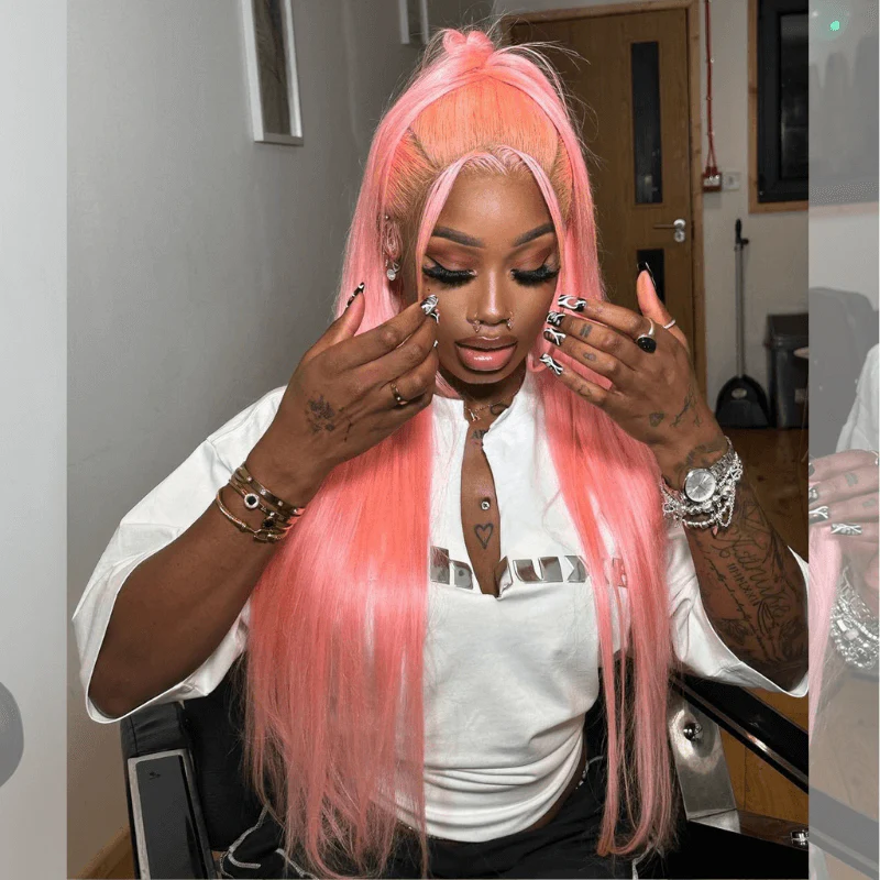SZC Neon Pink 200 Density 13x4 Lace Front Straight Weave Hair Wigs - Image 4