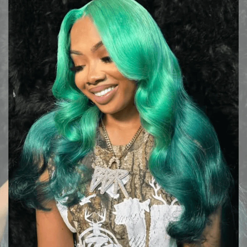 SZC Ombre Aqua Emerald Green Color Body Wave Lace Front Human Hair Wigs - Image 4