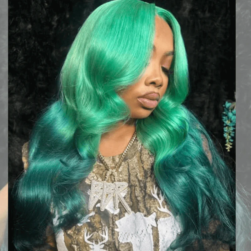 SZC Ombre Aqua Emerald Green Color Body Wave Lace Front Human Hair Wigs - Image 5