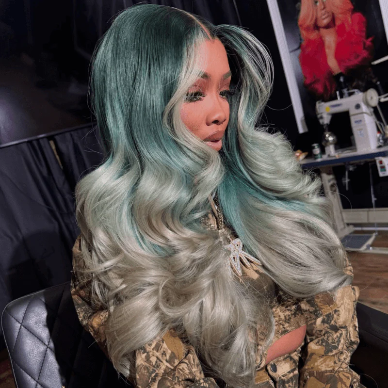 SZC Ombre Ash Blue Gray Skunk Stripe 13x4 HD Lace Front Human Hair Wig - Image 3