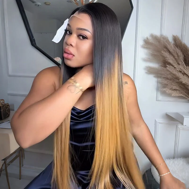 SZC Ombre Black Strawberry Honey Blonde Bone Straight 13x4 Lace Front Human Hair Wigs 300 Density - Image 4
