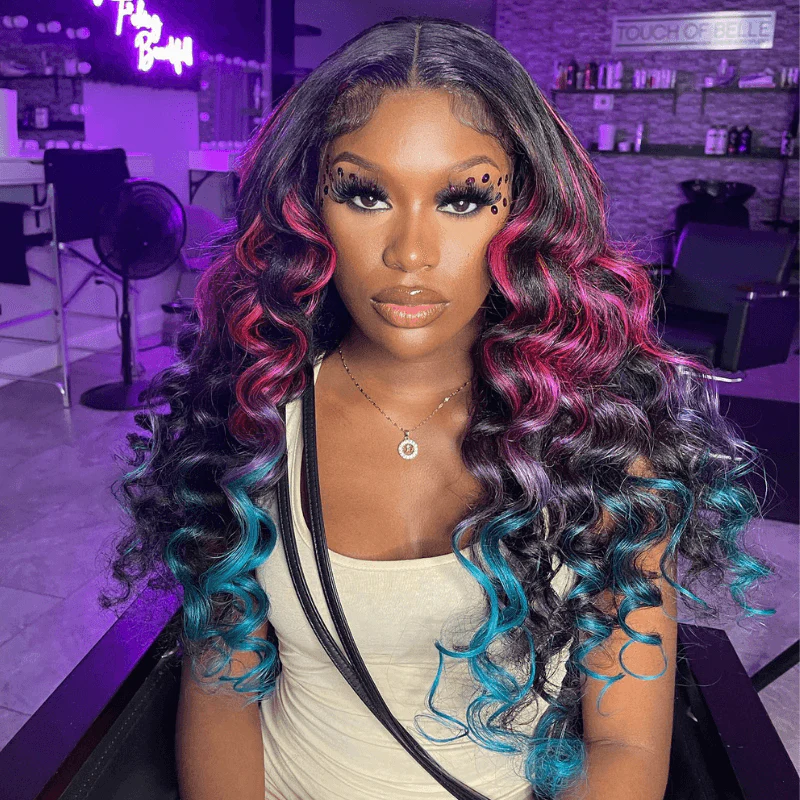 SZC Ombre Black With Red Blue Highlights HD Lace Front Human Hair Wig - Image 3