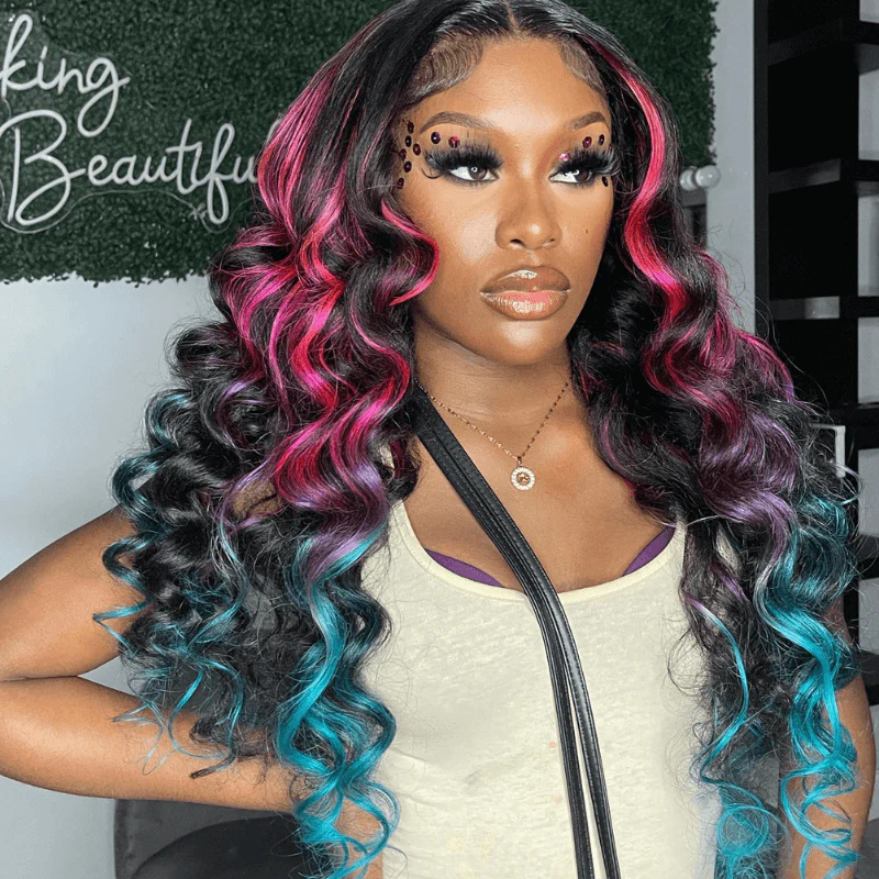 SZC Ombre Black With Red Blue Highlights HD Lace Front Human Hair Wig - Image 4