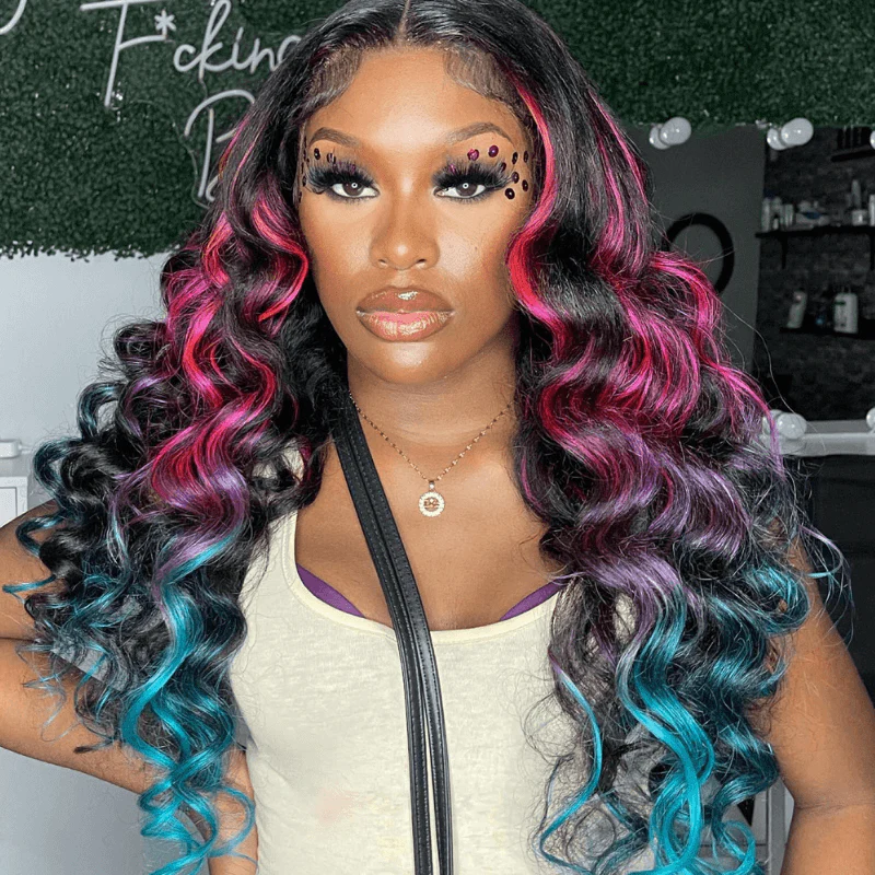 SZC Ombre Black With Red Blue Highlights HD Lace Front Human Hair Wig - Image 5
