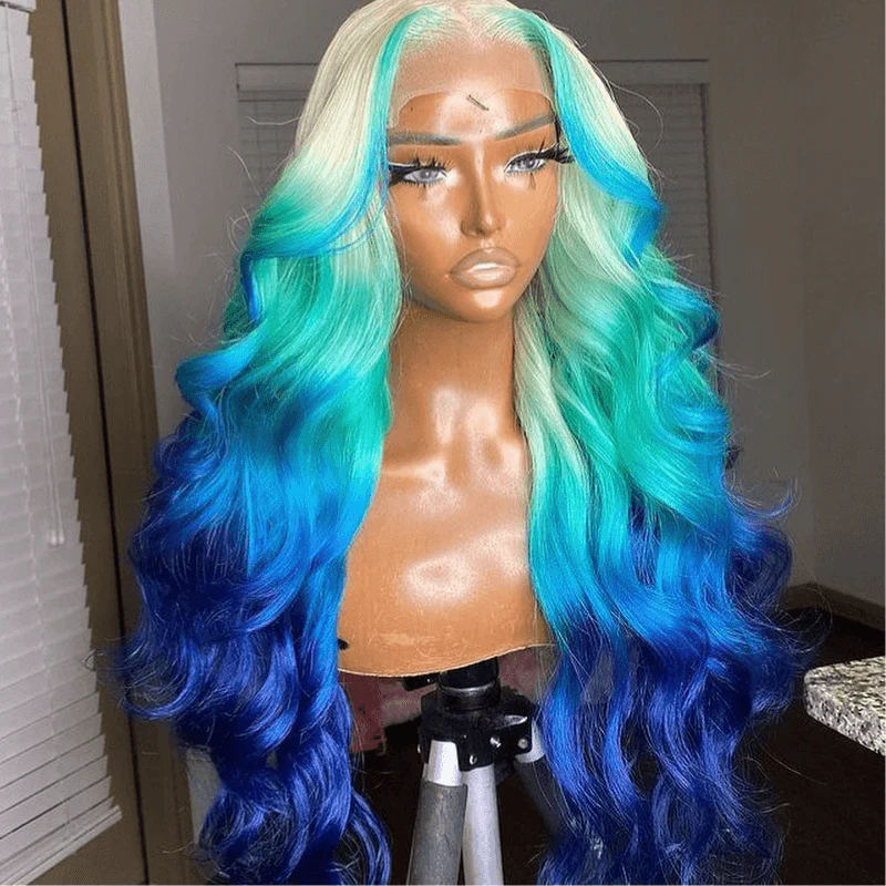 SZC Ombre Blonde Blue Skunk Stripe Lace Front Human Hair Wig 200 Density - Image 3