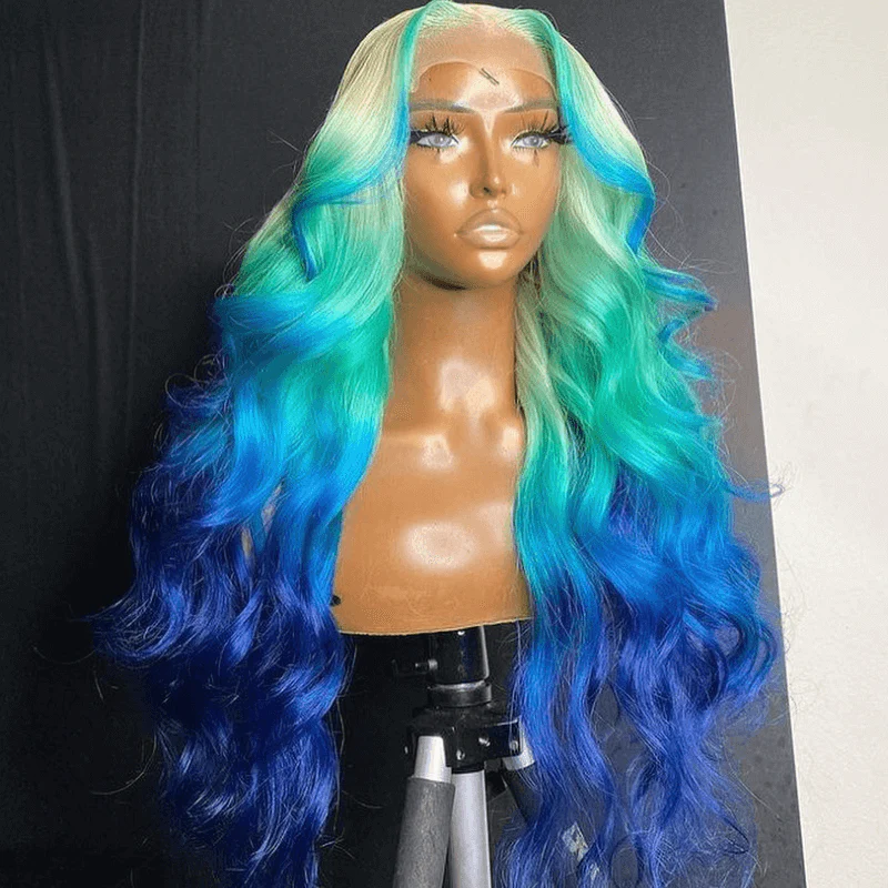 SZC Ombre Blonde Blue Skunk Stripe Lace Front Human Hair Wig 200 Density - Image 4
