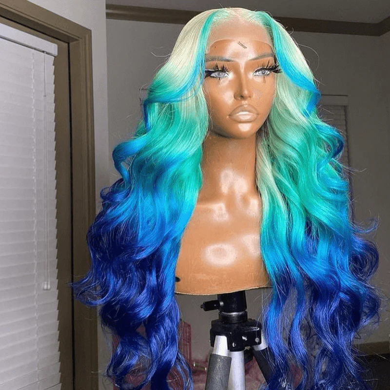 SZC Ombre Blonde Blue Skunk Stripe Lace Front Human Hair Wig 200 Density - Image 5