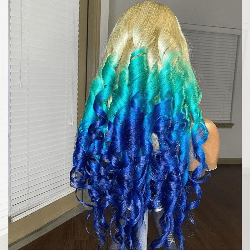 SZC Ombre Blonde Blue Skunk Stripe Lace Front Human Hair Wig 200 Density - Image 6