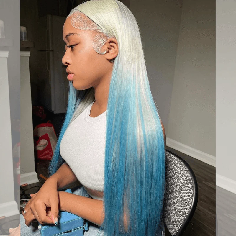 SZC Ombre Blonde Ocean Blue Straight Lace Front Virgin Human Hair Wigs - Image 3