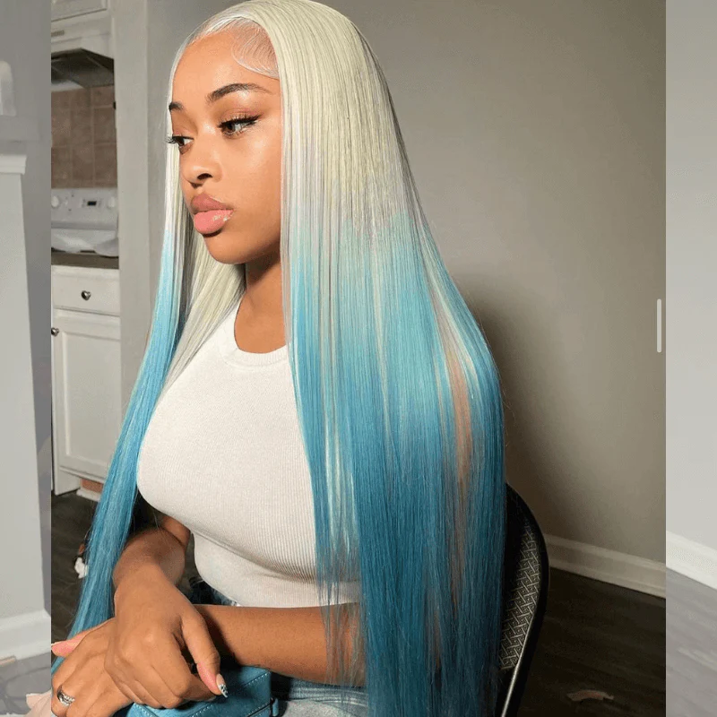 SZC Ombre Blonde Ocean Blue Straight Lace Front Virgin Human Hair Wigs - Image 5