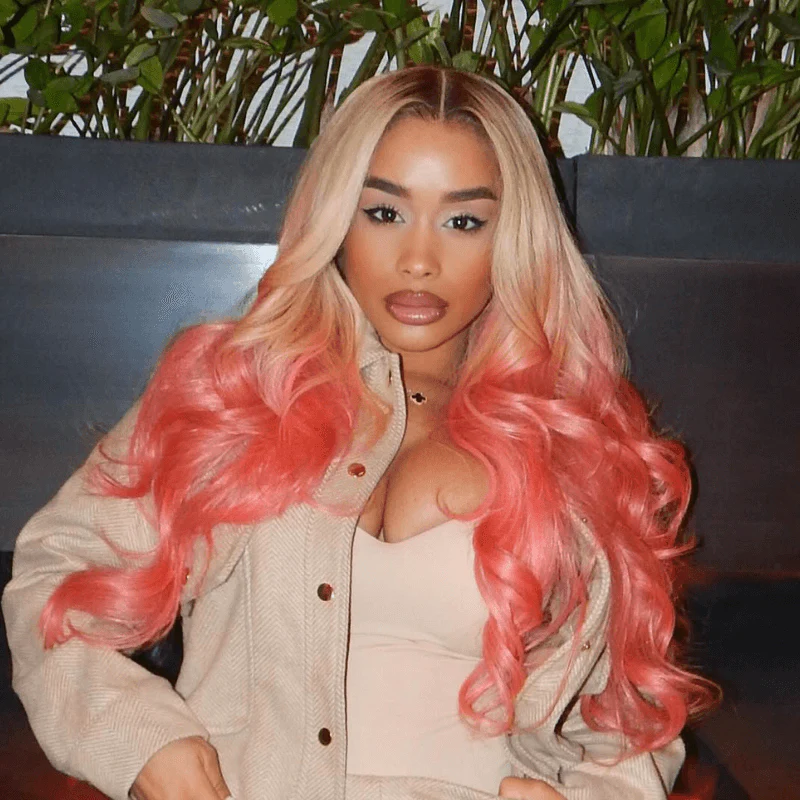 SZC Ombre Blonde Pink Wig With Dark Roots 13x4 Lace Front Human Hair Wigs - Image 4