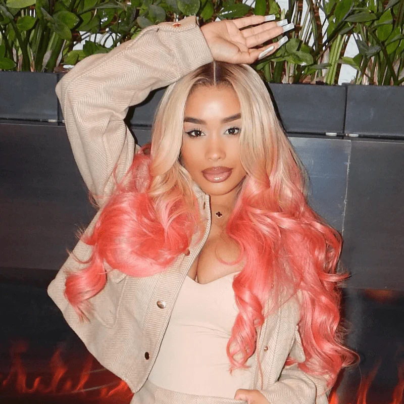 SZC Ombre Blonde Pink Wig With Dark Roots 13x4 Lace Front Human Hair Wigs - Image 5