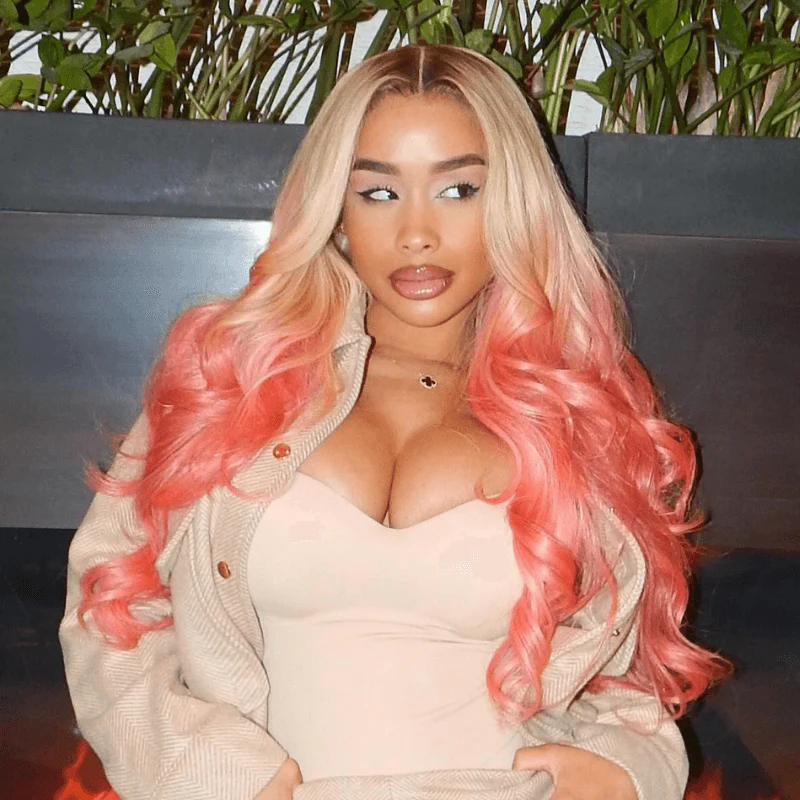 SZC Ombre Blonde Pink Wig With Dark Roots 13x4 Lace Front Human Hair Wigs - Image 6