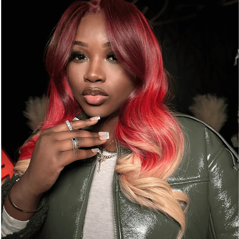 SZC Ombre Burgundy Red Honey Blonde Highlight Lace Front Human Hair Wigs - Image 3