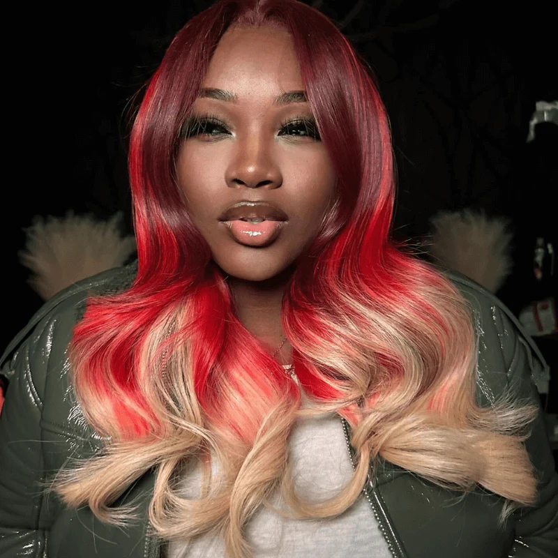 SZC Ombre Burgundy Red Honey Blonde Highlight Lace Front Human Hair Wigs - Image 5