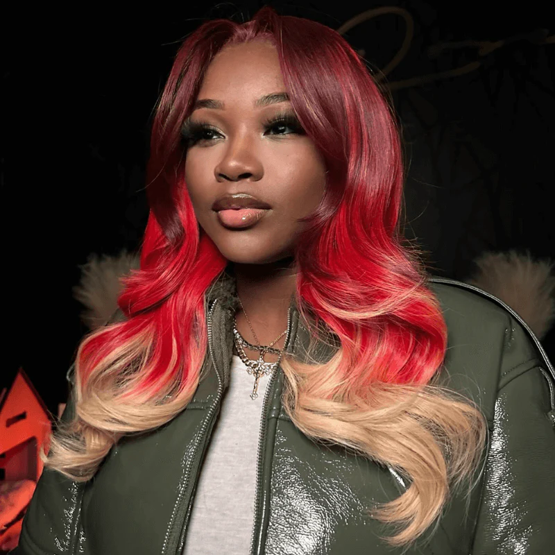 SZC Ombre Burgundy Red Honey Blonde Highlight Lace Front Human Hair Wigs - Image 6