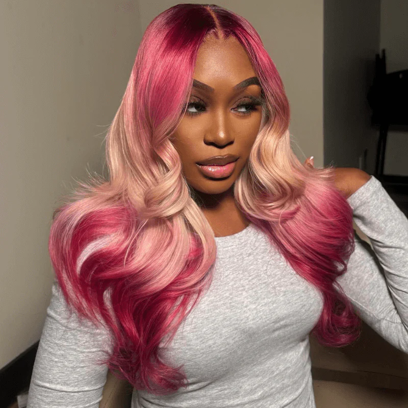 SZC Ombre Dark Red Peach Pink With Dark Roots Body Wave Human Hair Wig - Image 4