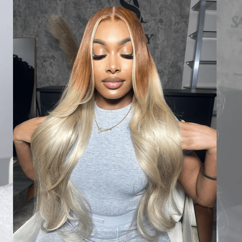 SZC Ombre Light Brown Platinum Blonde Skunk Stripe Lace Front Hair Wigs - Image 4