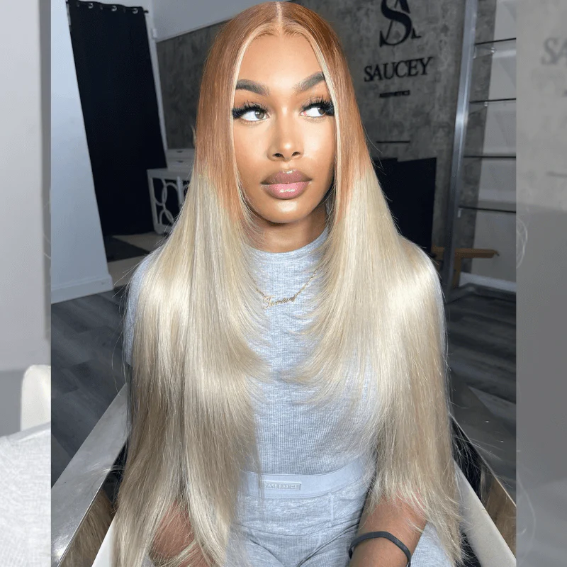SZC Ombre Light Brown Platinum Blonde Skunk Stripe Lace Front Hair Wigs - Image 5