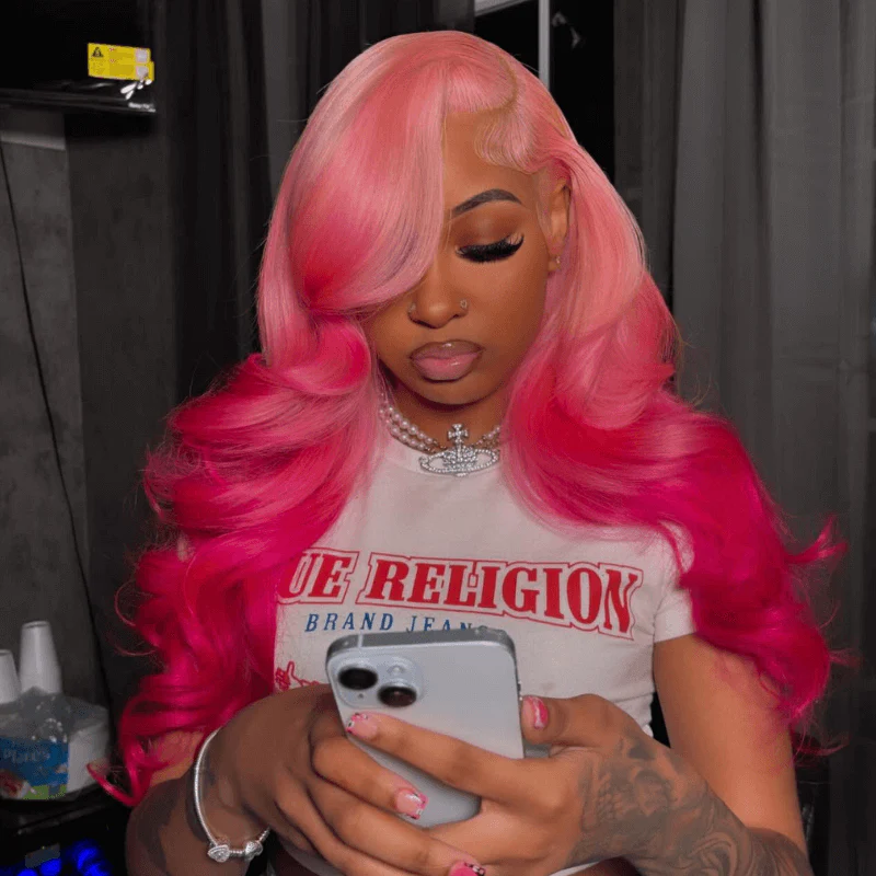 SZC Ombre Light Dark Pink Red Color Transparent Lace Front Human Hair Wigs - Image 5