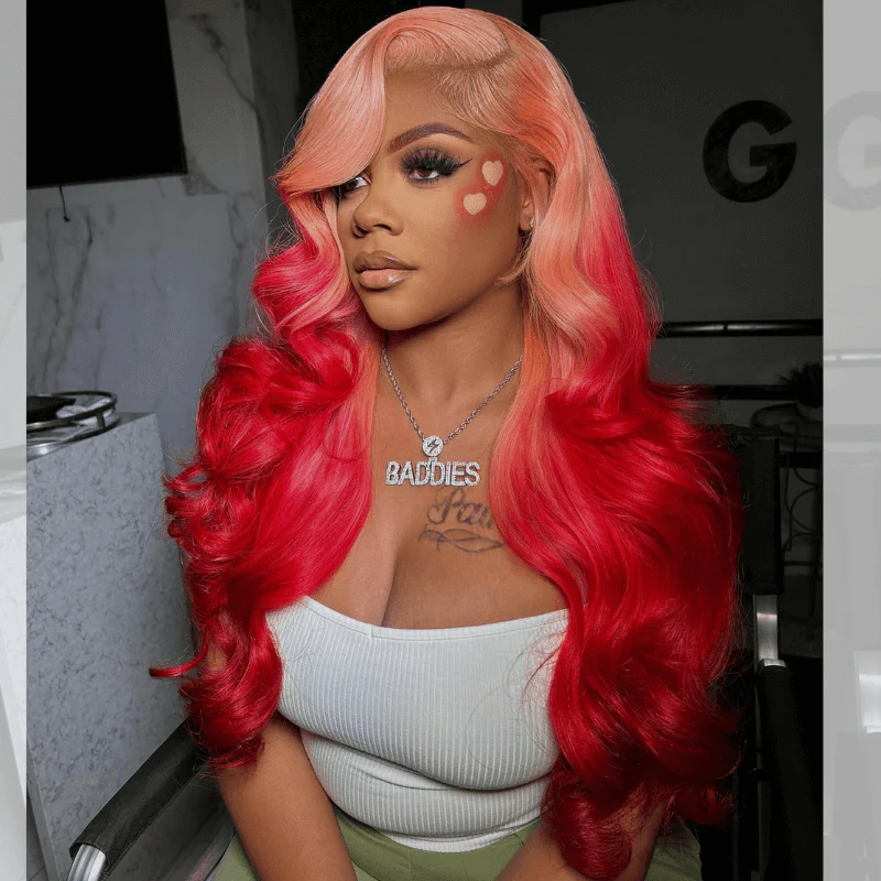 SZC Ombre Peach Pink Red Body Wave 13x4 HD Lace Front Human Hair Wig - Image 4