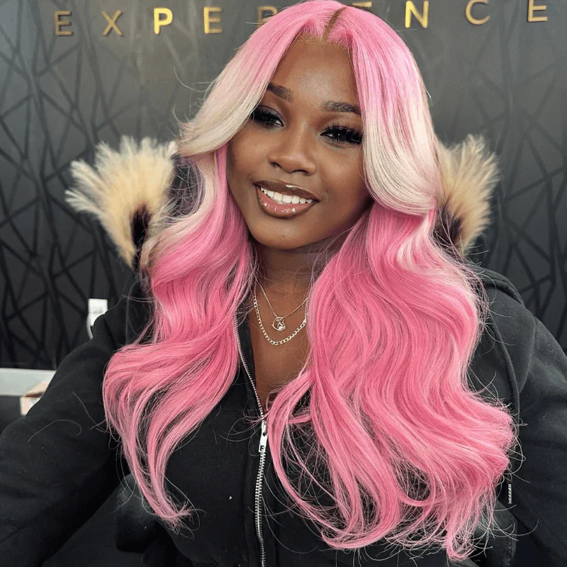 SZC Ombre Pink Blonde Streaks Lace Front Body Wave Virgin Human Hair Wig - Image 3