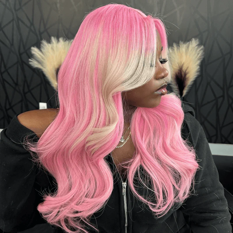 SZC Ombre Pink Blonde Streaks Lace Front Body Wave Virgin Human Hair Wig - Image 4