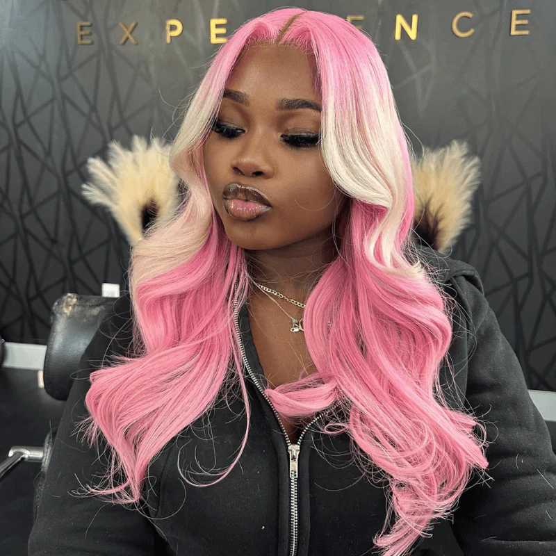 SZC Ombre Pink Blonde Streaks Lace Front Body Wave Virgin Human Hair Wig - Image 5
