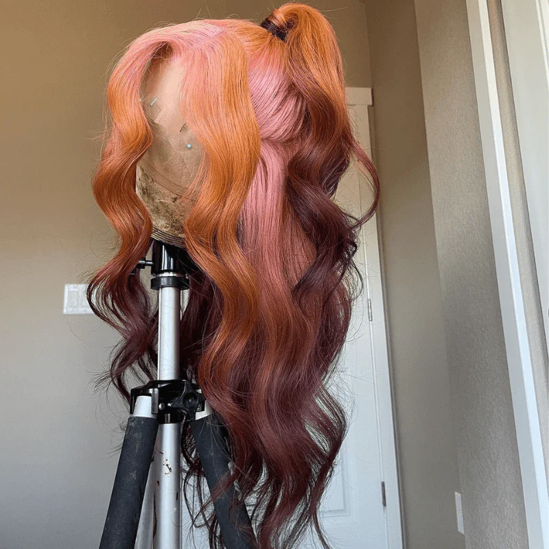 SZC Ombre Pink Ginger Orange Chocolate Brown HD Lace Front Human Hair Wig - Image 3