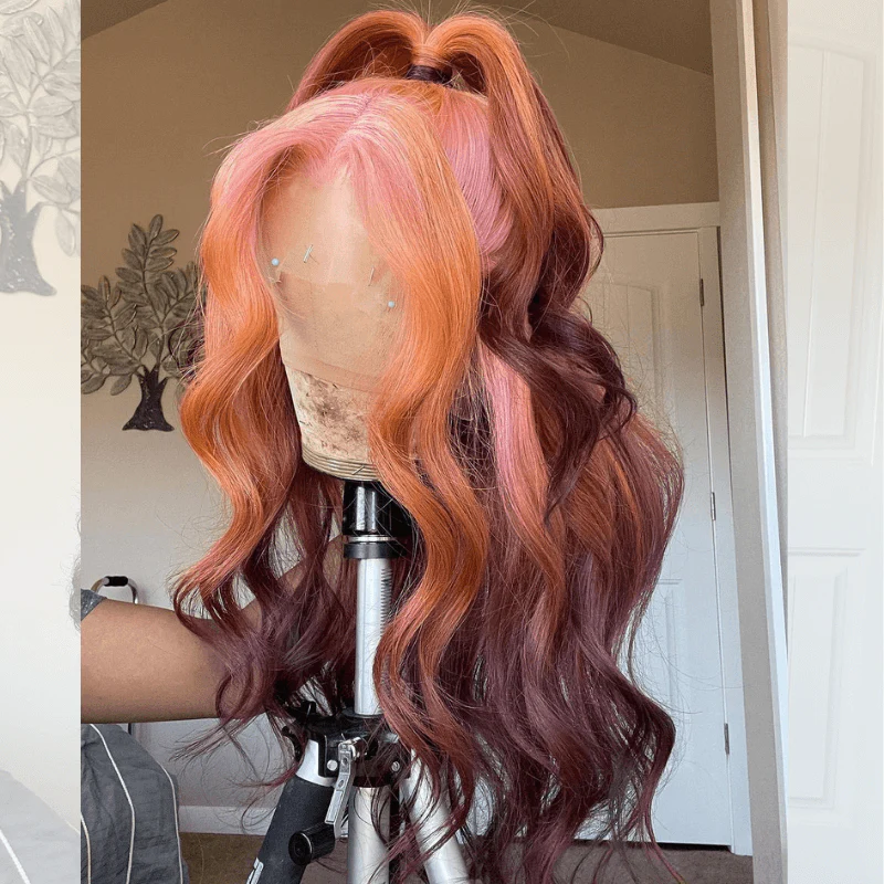SZC Ombre Pink Ginger Orange Chocolate Brown HD Lace Front Human Hair Wig - Image 6
