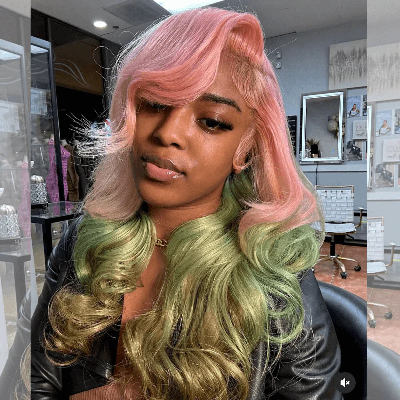 SZC Ombre Pink Pastel Green Brown 200 Density Lace Front Human Hair Wigs - Image 3