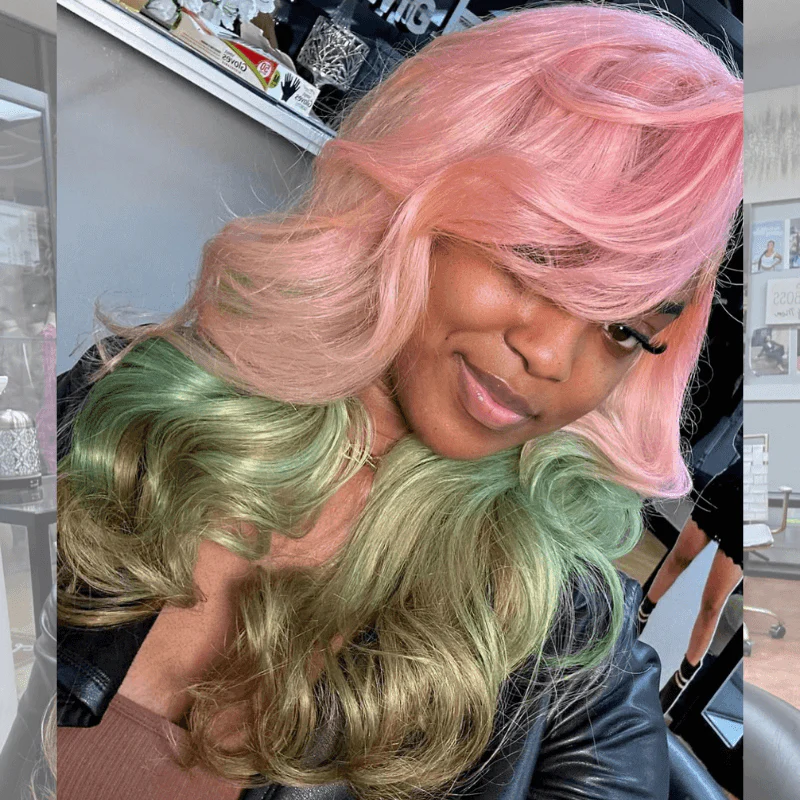 SZC Ombre Pink Pastel Green Brown 200 Density Lace Front Human Hair Wigs - Image 4