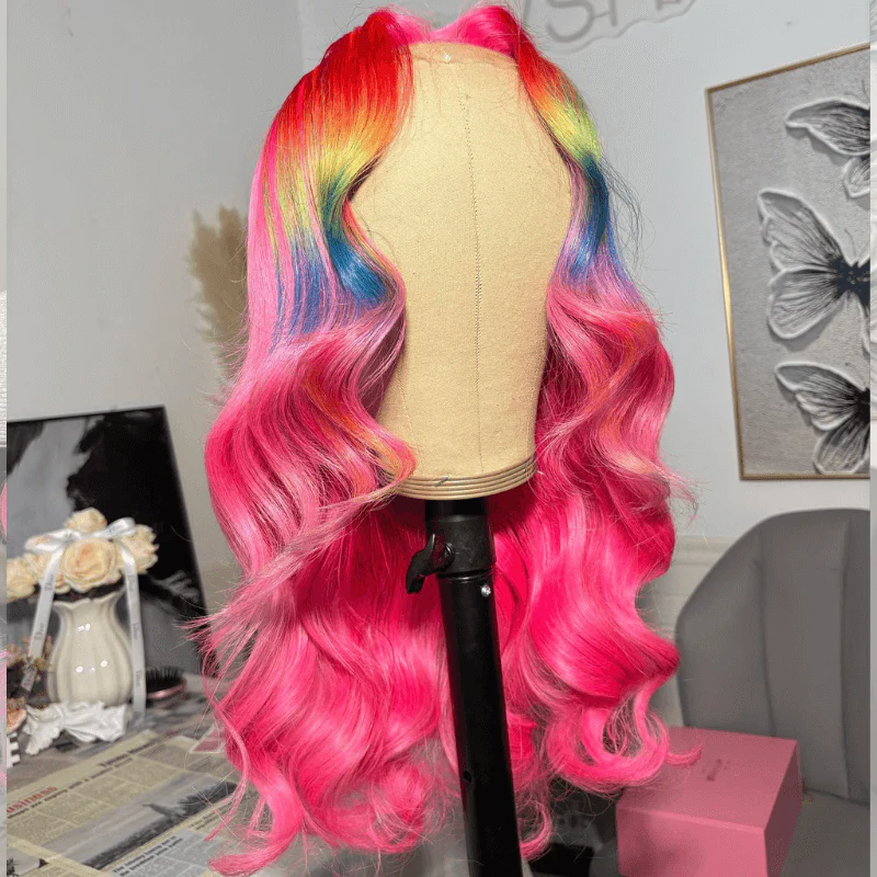 SZC Ombre Red Yellow Blue Hot Pink Highlight HD Lace Front Human Hair Wigs - Image 3